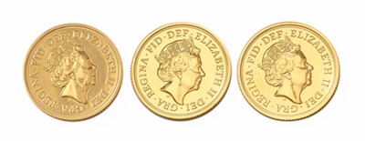 Lot 433 - 3x Elizabeth II, Sovereigns 2016; all...