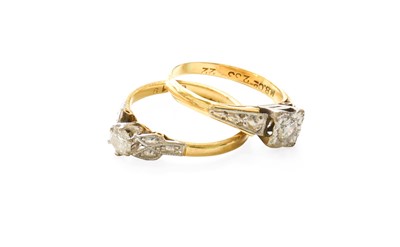 Lot 438 - Two Diamond Solitaire Rings, both stamped...