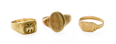 Lot 468 - A 9 Carat Gold Signet Ring, out of shape; A...