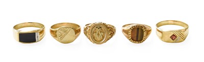 Lot 479 - Five 9 Carat Gold Rings, including a masonic...