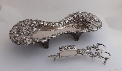 Lot 2258 - A Pair of Portuguese Silver Candle-Snuffers and Stand