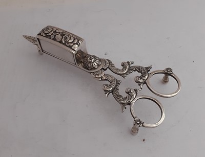 Lot 2258 - A Pair of Portuguese Silver Candle-Snuffers and Stand