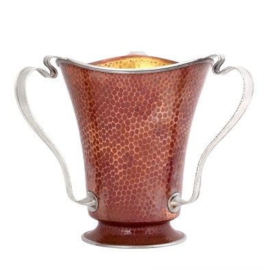 Lot 2266 - An American Silver Plate-Mounted Copper Three-Handled Cup or Wine-Cooler