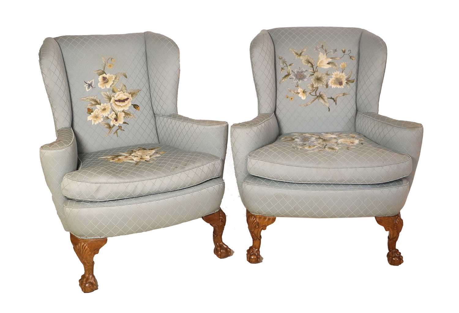 Lot 1280 - A Pair of Queen Anne-Style Wing-Back Armchairs,...