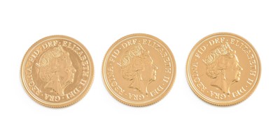 Lot 445 - 3x Elizabeth II, Sovereigns 2016; all...