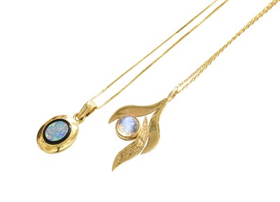 Lot 491 - A Moonstone Pendant on Chain, the yellow leaf...