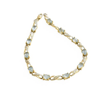 Lot 415 - A 9 Carat Gold Aquamarine and Diamond Bracelet,...