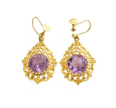 Lot 498 - A Pair of Amethyst Drop Earrings, the round...