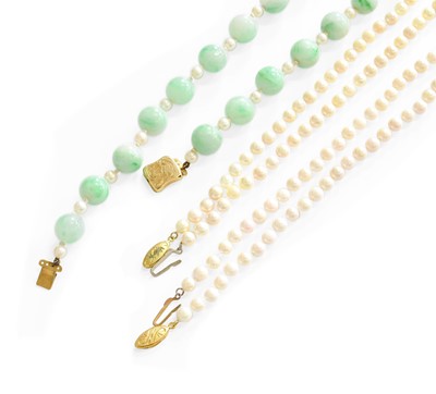 Lot 477 - A Jade Bead and Cultured Pearl Necklace,...