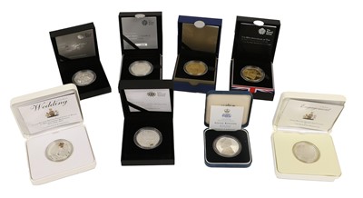 Lot 392 - 8x Royal Mint Silver Proof £5 Coins; to...