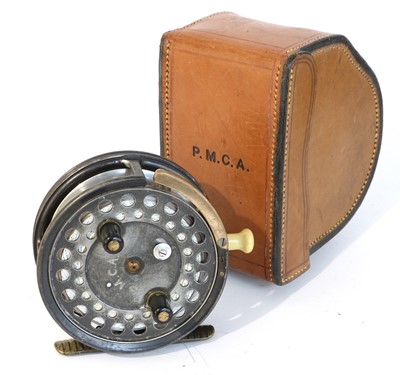 Lot 4107 - A Hardy Silex Major 4" Bait Casting Reel And Block Leather Case