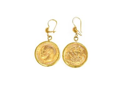 Lot 519 - A Pair of Half Sovereign Drop Earrings, both...