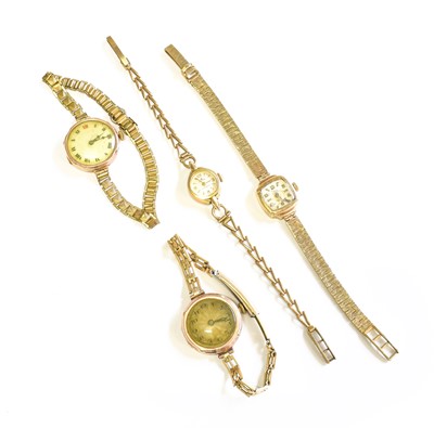 Lot 564 - Three lady's 9 carat gold wristwatches and a...