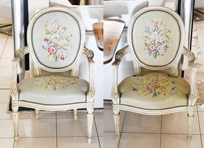 Lot 1220 - A Pair of French Painted Fauteuil, late 19th...