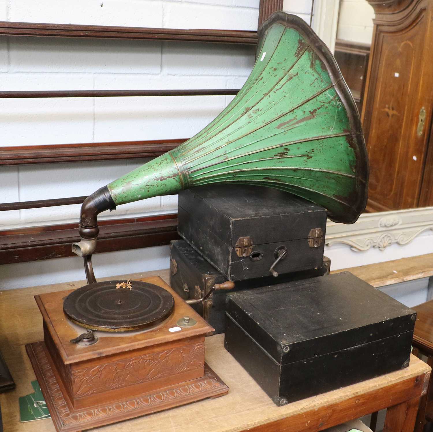 Lot 1000 - A Gramophone. with two green painted horns, a...