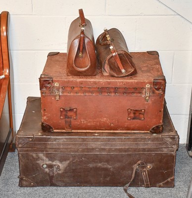 Lot 1206 - A Leather Travelling Trunk, a smaller canvas...