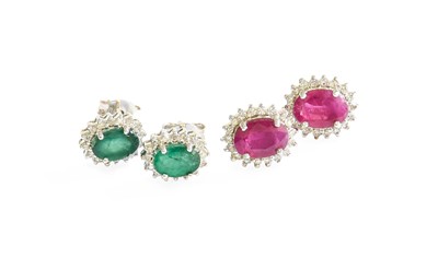 Lot 579 - A Pair of Emerald and Diamond Cluster Earrings,...