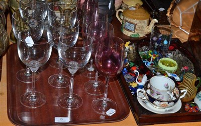 Lot 6 - Tray of Villeroy and Boch wine glasses, coloured glass animals, coloured glass vases etc (on...
