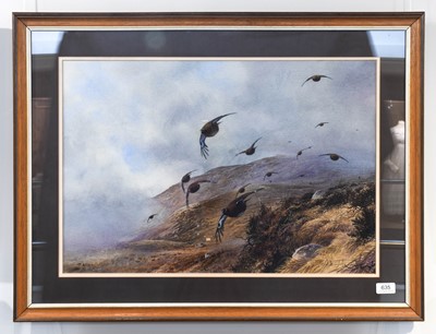 Lot 635 - Peter Allis (b.1944) Grouse in flight over a...