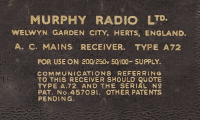 Lot 259 - A Second World War Period Murphy Home Radio...