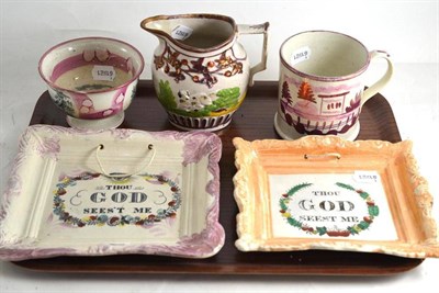 Lot 38 - Two Sunderland lustre plaques, a pedestal bowl, moulded jug and a mug (5)