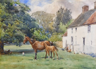 Lot 616 - John Atkinson (1863-1924) Horses before a farm...