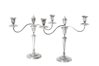 Lot 2308 - A Pair of Old Sheffield Plate Three-Light Candelabra