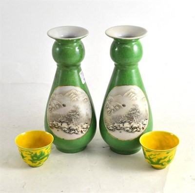 Lot 80 - Pair of Chinese green ground vases and a pair of yellow ground tea bowls (4)