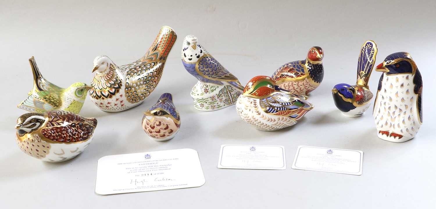 Lot 196 - Royal Crown Derby Porcelain Bird Paperweights,...