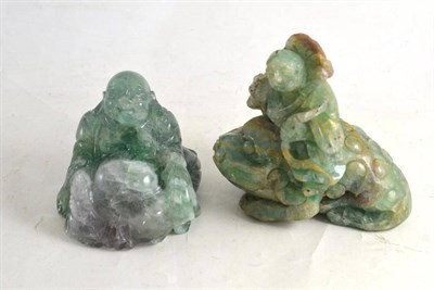 Lot 87 - An early 20th century Chinese green quartz carving of Liu Hai and The Three-legged Toad and a...