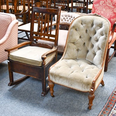 Lot 1327 - A Victorian Buttoned Oak Framed Nursing Chair,...