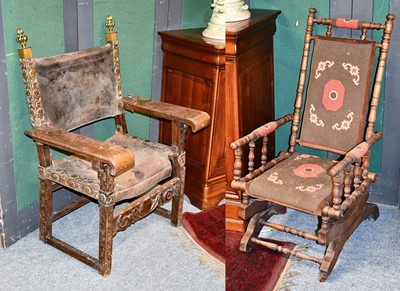 Lot 1253 - An Oak and Leather Hall Chair, with brass...