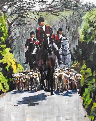 Lot 1132 - Lesley Heath (b.1966) The hunt Initialled, oil...