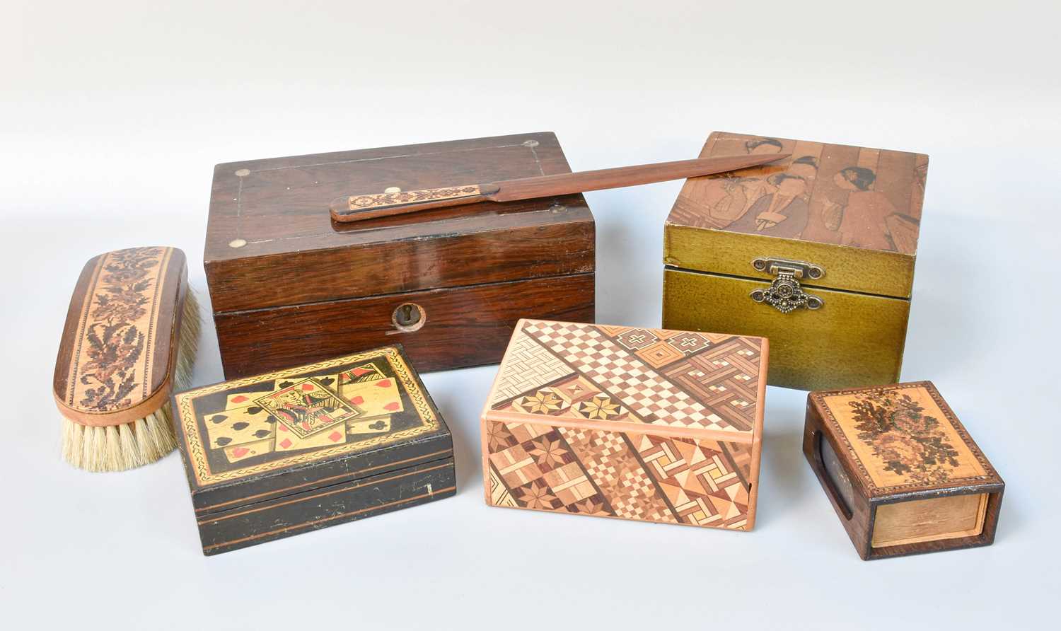Lot 292 - Tunbridgeware Games Box, parquetry puzzle box,...