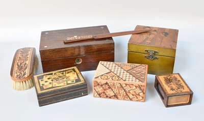 Lot 292 - Tunbridgeware Games Box, parquetry puzzle box,...