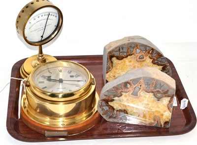 Lot 108 - Pair of polished geodes, modern brass ships clock and Negretti and Zambra modern brass Relative...