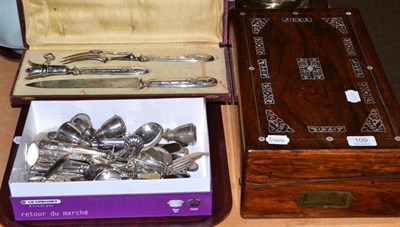 Lot 109 - Rosewood mother-of-pearl inlaid writing box, cased steel bladed carving set, plated flatwares etc
