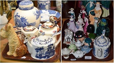 Lot 116 - Two trays including Coalport figures, miniature teapots, Masons pottery, Sylvac dog etc