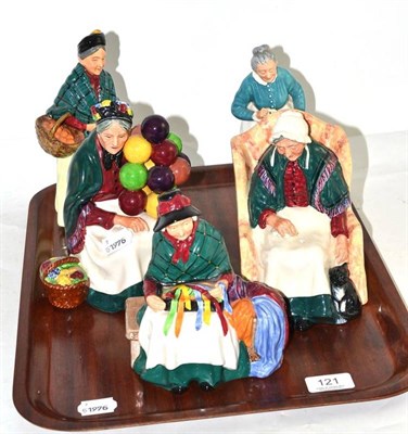 Lot 121 - Five Royal Doulton figures; Forty Winks, Silk & Ribbons, The Old Balloon Seller, The Orange...