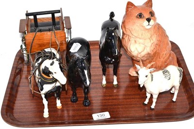 Lot 130 - Three Beswick horses - Hackney, Dales Pony and Pinto Pony, also a pygmy goat and a seated cat (5)