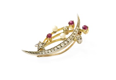 Lot 76 - A Ruby, Diamond and Cultured Pearl Brooch, the...