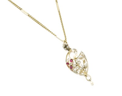 Lot 113 - A Diamond, Ruby and Cultured Pearl Pendant on...