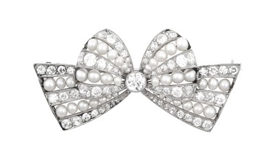 Lot 2310 - An Edwardian Pearl and Diamond Bow Brooch the...