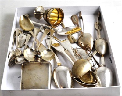 Lot 142 - Assorted Georgian, Victorian and later silver flatware, silver egg cup and small silver hip flask