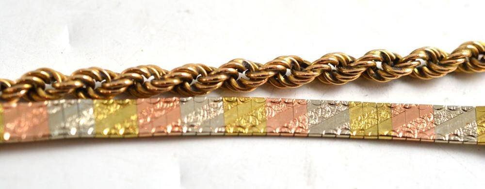 Lot 144 - A three colour bracelet stamped '375' and a piece of rope twist chain (2)