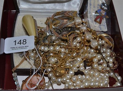 Lot 148 - A 9ct gold cameo brooch, assorted hat pins, gilt metal jewellery etc