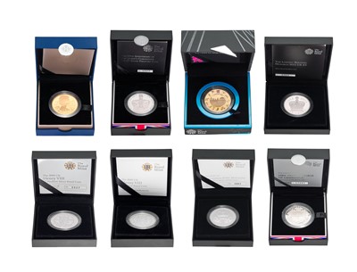 Lot 398 - Assorted Royal Mint Silver Proof £5 Coins; 8...