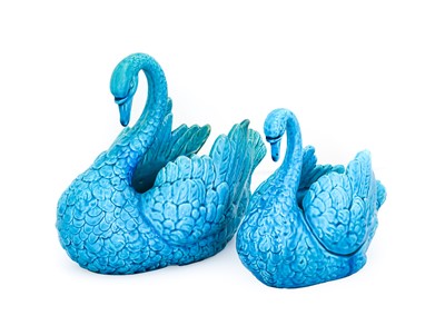 Lot 45 - Two Burmantofts Faience Pottery Swan Planters,...