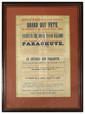 Lot 3196 - Early Advertising Poster For The Ill-Fated Parachute Jump By Robert Cocking 24th July 1837