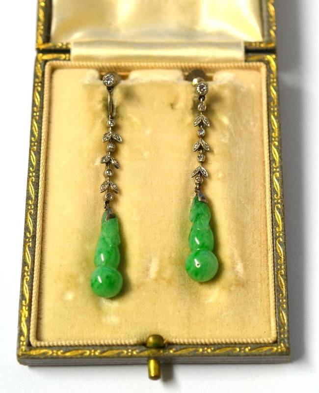 Lot 406 - A Pair of Diamond and Jade Drop Earrings, circa 1930, a row of eight-cut diamonds in foliate...